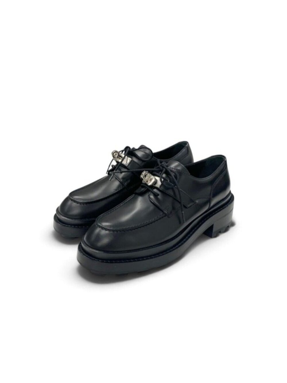 Hermes First Loafers Leather Shoes Black Silver Kelly Lace-up